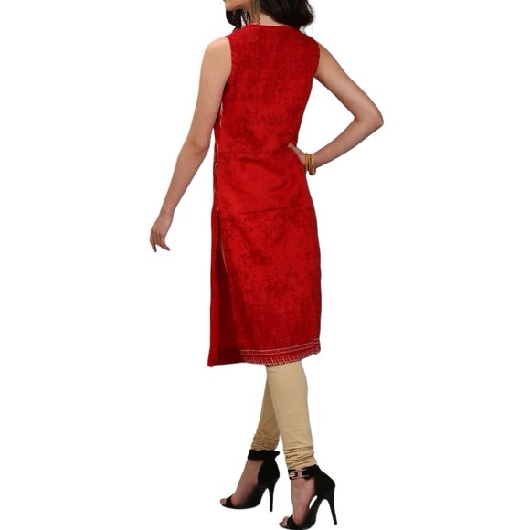 3 Piece Set Red Gold Karta Tunic Thigh Slit Matching Vest and Scarf 32 34 US 2 4 - Picture 4 of 16